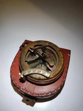 3" Brass Antique Finish Pocket Sundial Push Button Compass W/Leather Case Gift