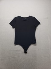 Express Women Bodysuit M Black Short Sleeve Round Neck Snap Closure Stretch