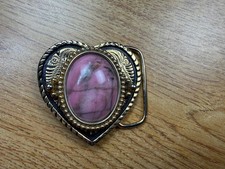 Black and Gold Tone Heart Shaped Belt Buckle with Pink Stone Cabochon
