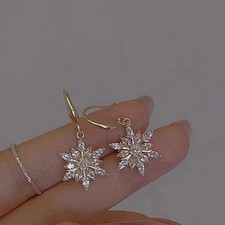 Gold Hoop Earrings for Women CZ Snowflake Crystal Dangle Drop Fashion Jewelry
