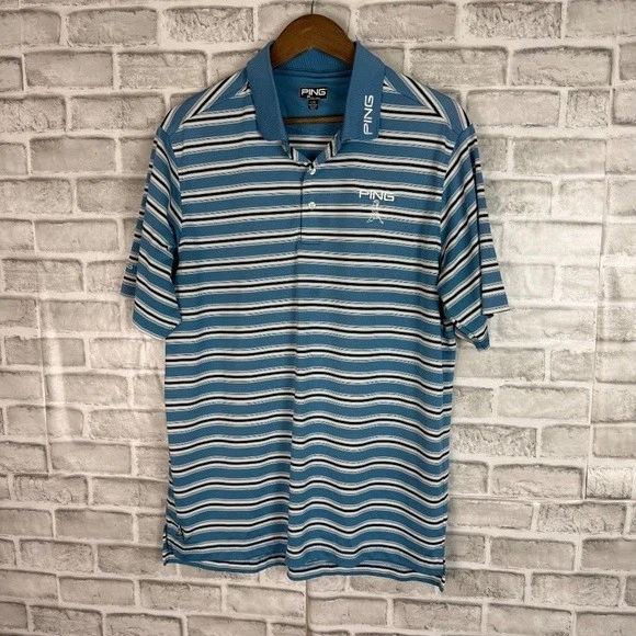 PING Vintage Embroidered Logo Enlarged Blue Striped Performance Golf Polo LARGE - Image 2 of 4