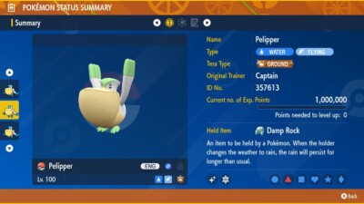 Pokemon Scarlet Violet Ultra Shiny 6IV Pelipper - Battle Ready - VGC EV Trained