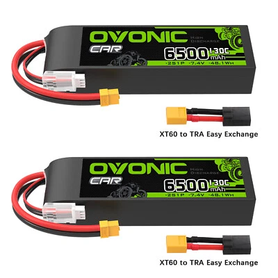 2x OVONIC 7,4V 130C 6500mAh 2S LiPo Akku XT60 +TRX für TRX 1/10 RC Auto LKW Boot
