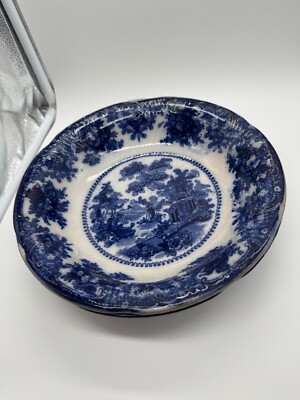 Antique William Adams Fairy Villas Pattern Pair of Flow Blue Ceramic Bowls