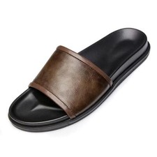 2025 Men's Open Toe Leather Slip on Slippers Beach Holiday Flats Casual Sandals