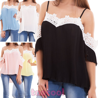 Damen Schleier Plissee Shirt Top Spitze Schulterfrei Sexy Neu CJ-2501