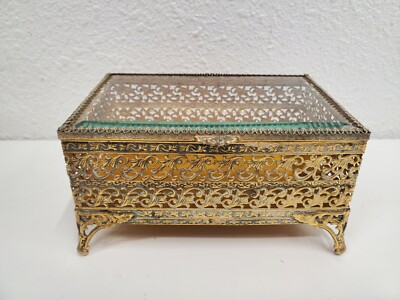 Vintage Gold Tone Filigree Jewelry Box with Beveled Glass *chips Casket Box
