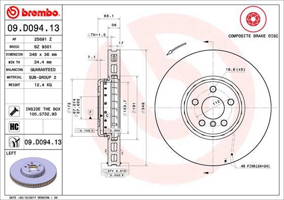 Brake Disc Single Vented 348mm 09.D094.13 Brembo 34116860911  