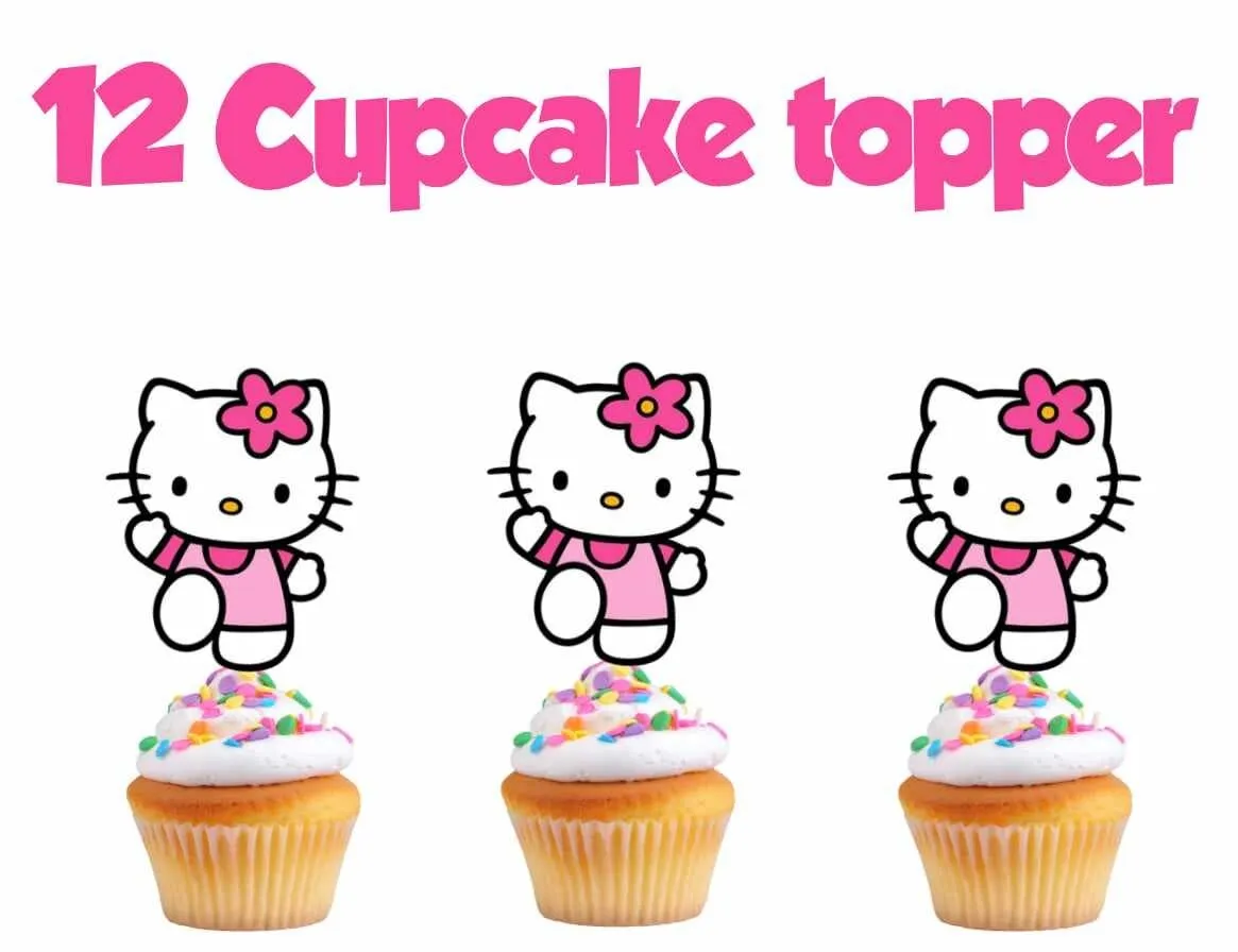 12 HELLO KITTY Cupcake Topper, Birthday Food Pick Favor Party