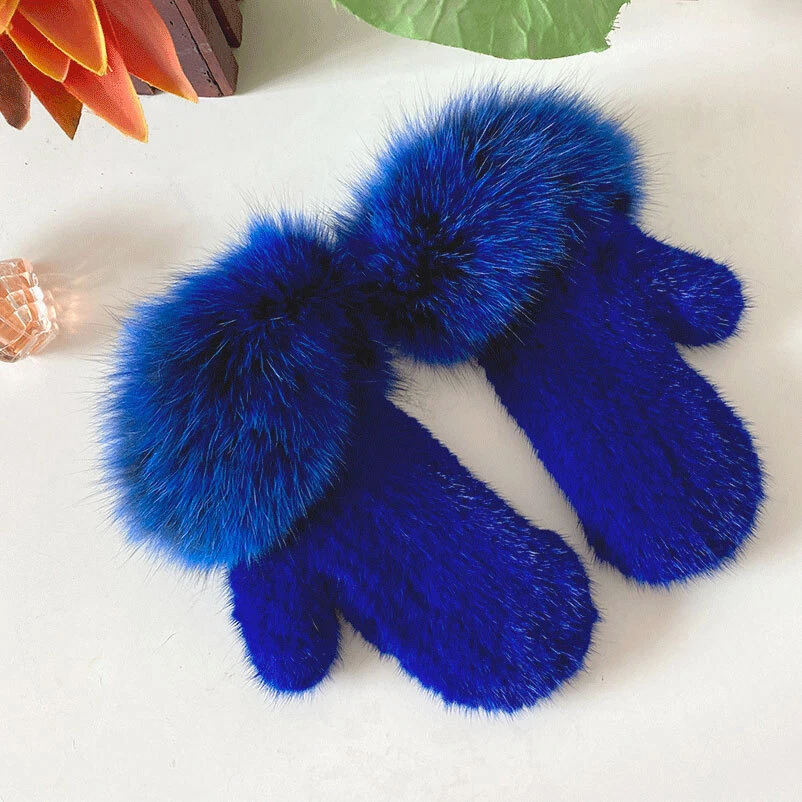 100% Real Mink Fur Gloves Full Finger Mittens Real Fox Fur Cuffs High Elastic - Image 2 of 4