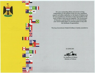IRAQ COMMITMENT MEDAL (CIVILIAN VERSION) AWARD CERTIFICATE
