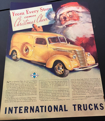 1938 International Trucks "Christmas Cheer" Santa Claus - Vintage Color Print Ad