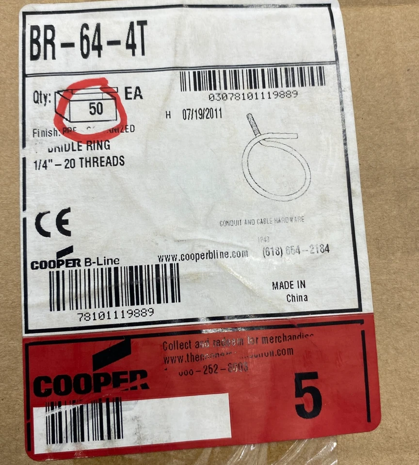 COOPER B-LINE BR-64-4T Bridle Ring,Steel,Zinc Plated 1/4"20 THR 1 PACK (50 EACH) - Image 3 of 4