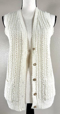 VTG It  s Pure Gold Sweater Vest Cardigan Open Front Cream Granny Crochet S EUC