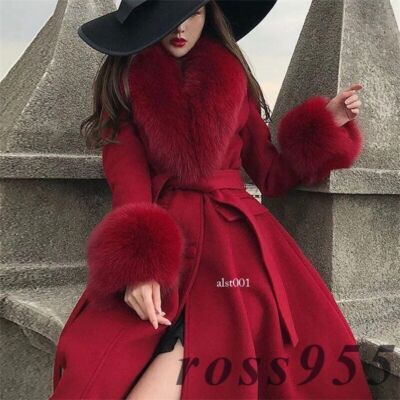 Winter Women's Trench Coat Fox Fur Collar Scarf Cuffs Cashmere Wool Warm  Coats