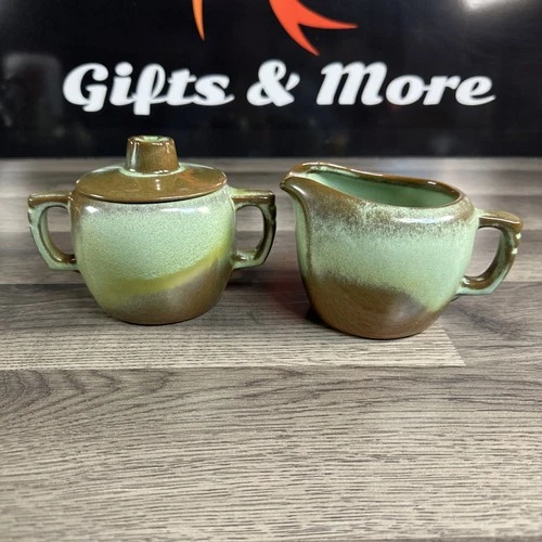 Frankoma Plainsman Prairie Green Creamer & Covered Sugar Bowl Handled 5A 5B VG