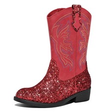 K KomForme Girls Cowgirl Boots Kid Glitter Cowboy Boots, Sequins Red