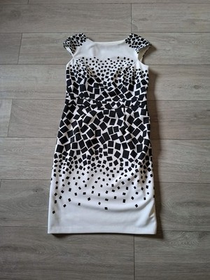 M&Co Ivory & Black Rectangle Print Stretch Bodycon Dress Party Wiggle Smart UK12