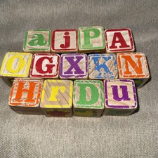 Lot Of 13 Vintage ABC Wooden Letter Blocks Letters Words Pictures Number 1 1/2  