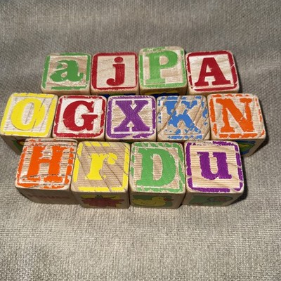Lot Of 13 Vintage ABC Wooden Letter Blocks Letters Words Pictures Number 1 1/2 