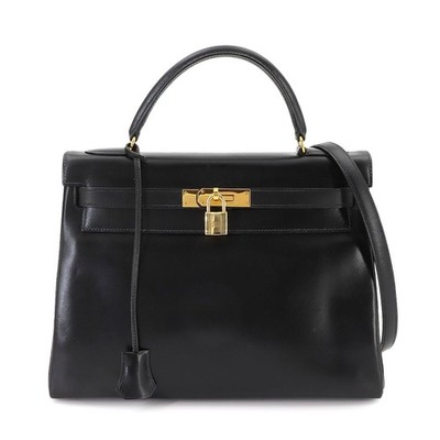 HERMES Kelly 32 Box calf Black Hand Shoulder Bag Vintage Purse 90326312