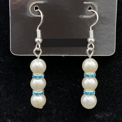 Handmade Faux Pearl Bead & Aqua Crystal Rondelle Earrings by Neanie-Bot