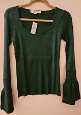 NWT LOFT Ribbed Sweetheart Neck Bell Cuff Sweater Green Sz M Fitted Long Sleeve