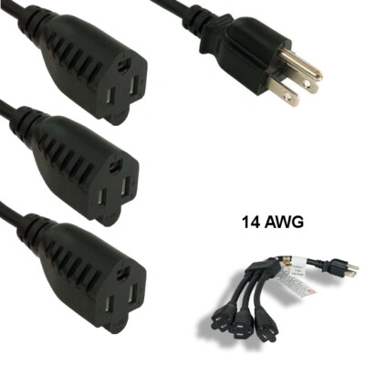 36'' Black Power Splitter Cable NEMA 5-15P to 3x NEMA 5-15R 14AWG 15A/125V SJT