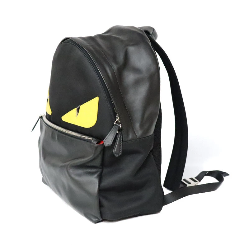FENDI Backpack Leather Monster Bugs Black Black Yellow Zip from