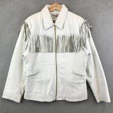 Vintage Vanna White Fringe Leather Jacket Western Biker Size L White