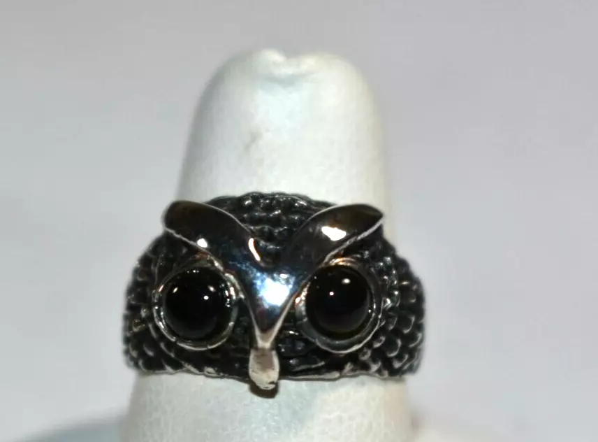 Lovely Vintage Sterling Silver 925 ONYX Gemstone OWL Head Animal