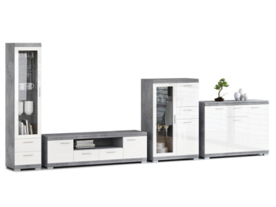 Wohnwand Sote II Wohnzimmerset Kommode Betonoptik + Weiß Hochglanz Möbelset 05