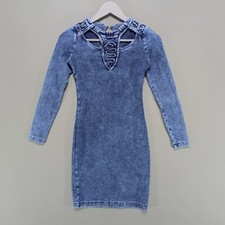 Blue Denim Look Jersey Bodycon Mini Dress Cut Out Piping Detail Party Club S