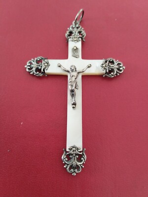 Pendentif Croix En Argent Massif Avec Nacre – Jésus Christ, 10 X 4,5 Cm, Occasion Bon état