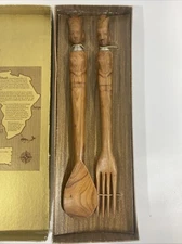 Vintage Salad Server Set African Kenya Mvule Wood Fork Spoon New w/Box