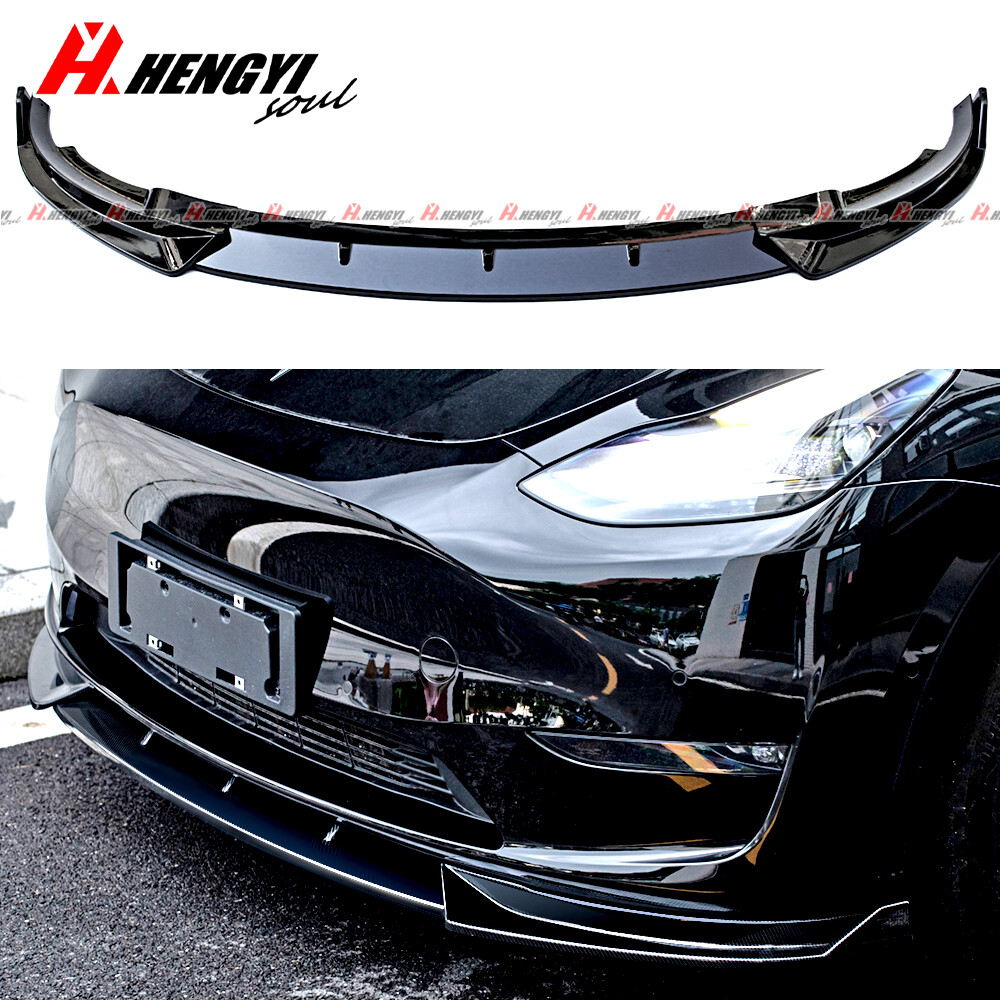 3-Piece Front Bumper Lip Splitter For 2020-2024 Tesla Model Y - Glossy Black ABS, Bolt-On Installation