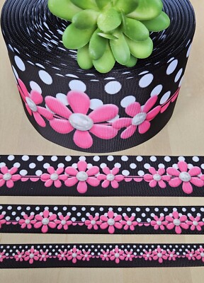 5/8, 7/8, 1.5 & 3'' (1 YD) Daisy Grosgrain Ribbon Pink Daisy Flowers Polka Dot