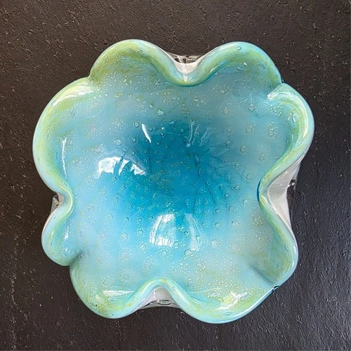 Vintage Murano Alfredo Barbini Glass Bowl Encased White & Green With Gold Flecks