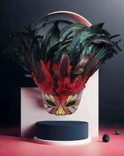 Incas Inspired Venetian; Luxurious Red Black Feathers with Gold Red mask