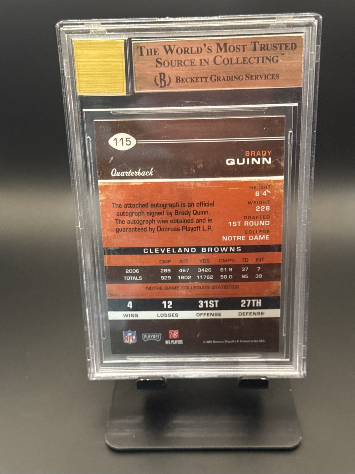 2007 SPX BGS 9 - Brady Quinn #219 - Auto Rookie Jersey Gold #’d/99 RC  view 5
