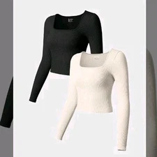 OQQ Med Womans 2 Peice Crop Top Long Sleeve Square Neck Fitted Top, Black, Beige