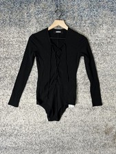 Reformation Bodysuit Womens Small Black Ribbed Long Sleeve Lace Up Tencel Top