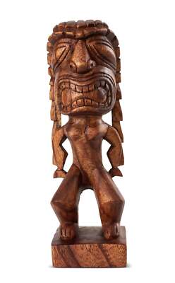Wooden Handmade Primitive Curly Hair Tribal Statue Sculpture Tiki Bar Figurine
