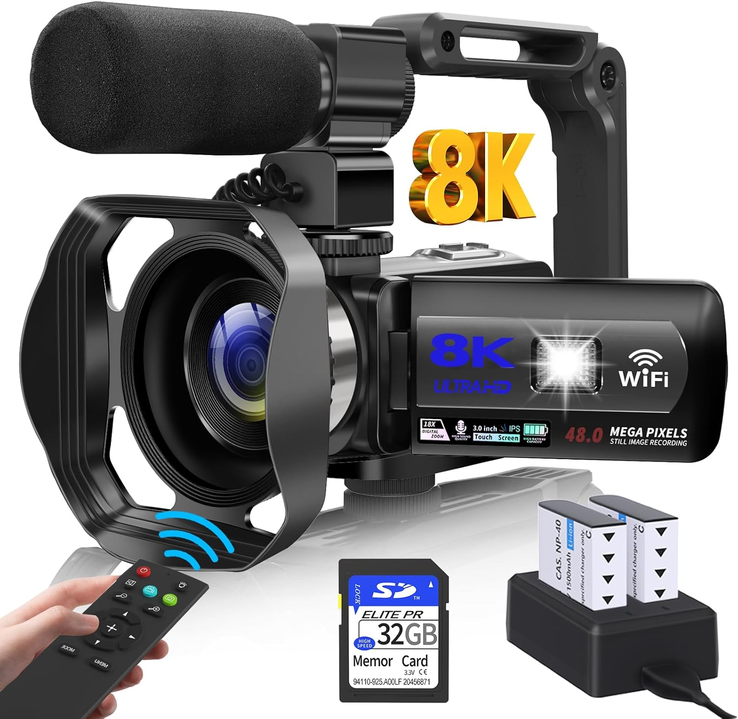 8K Camcorder 48MP Vlogging Camera with 18X Zoom, WiFi, Mic & Accessories-image