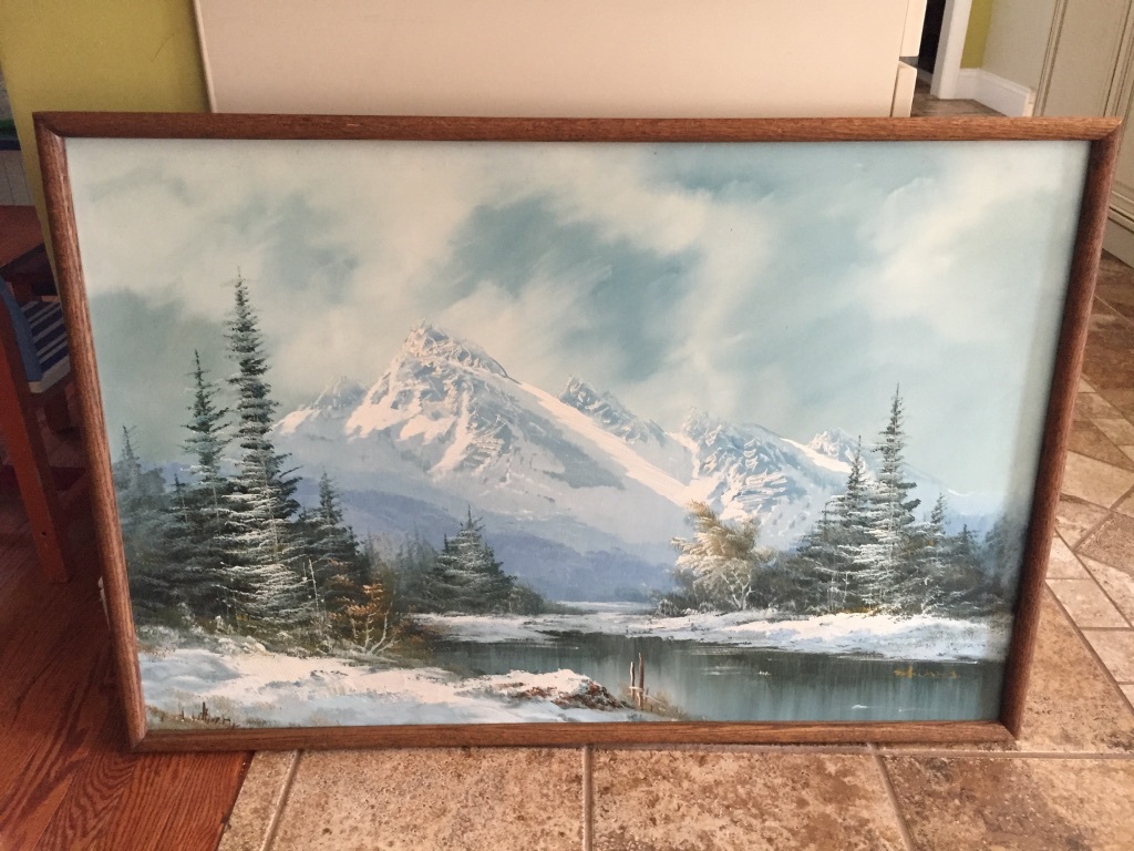 Vintage estate original oil painting snowscape mountains by