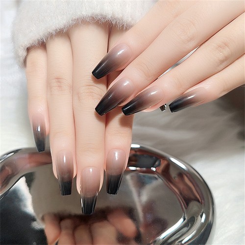 24 Piezas Uñas Falsas Prensadas para Uñas Negro Gradiente Largo Ataúd Salón de Arte - Imagen 3 de 6