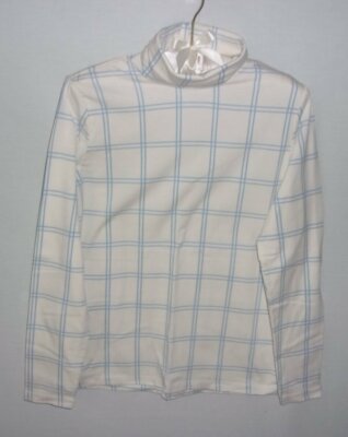 Lands' End white blue windowpane check cotton blend fitted turtleneck top  *Sz MP - Main Image