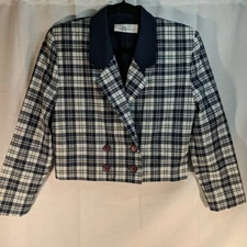 Vintage Two Roads Plaid Blazer Womens' cropped 9 Large L Navy Blue White collar