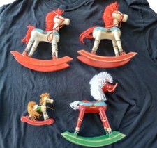 4 Vintage Wooden Rocking Kids Toy Horse 7  . Yarn Head and Tail. Christmas Decor.