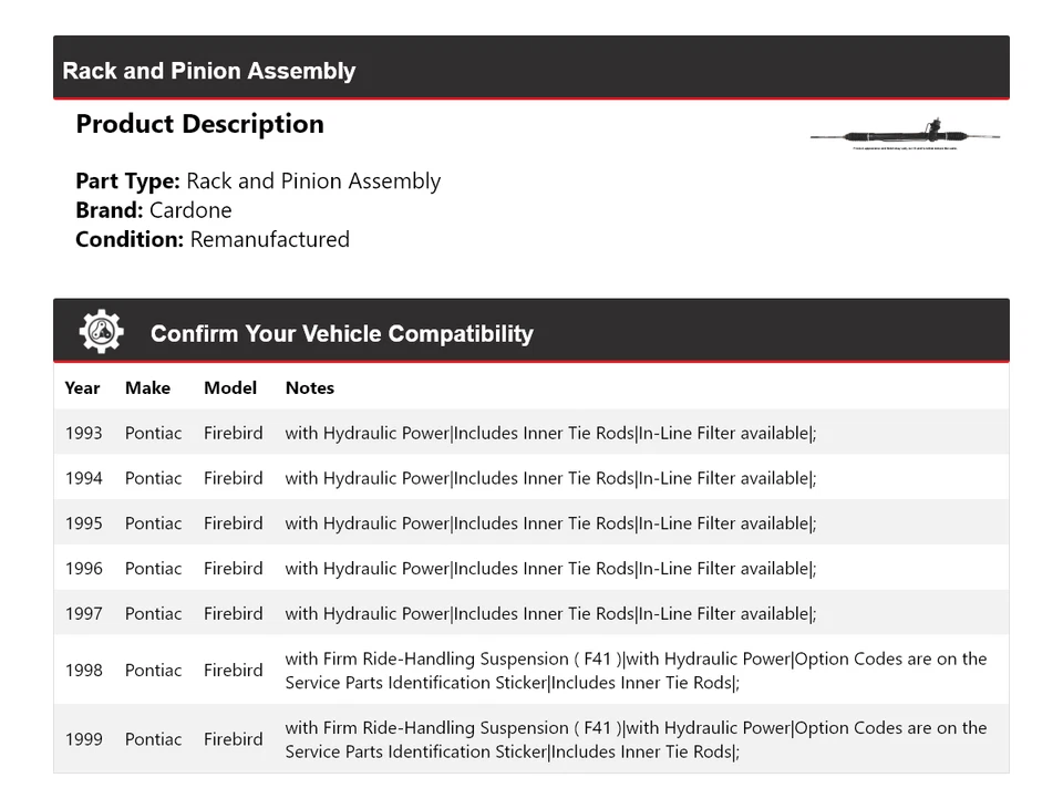Conjunto de piñón y cremallera para Pontiac Firebird 1993-1999 cardone 1994 1995 1996 Foto 2 de 4